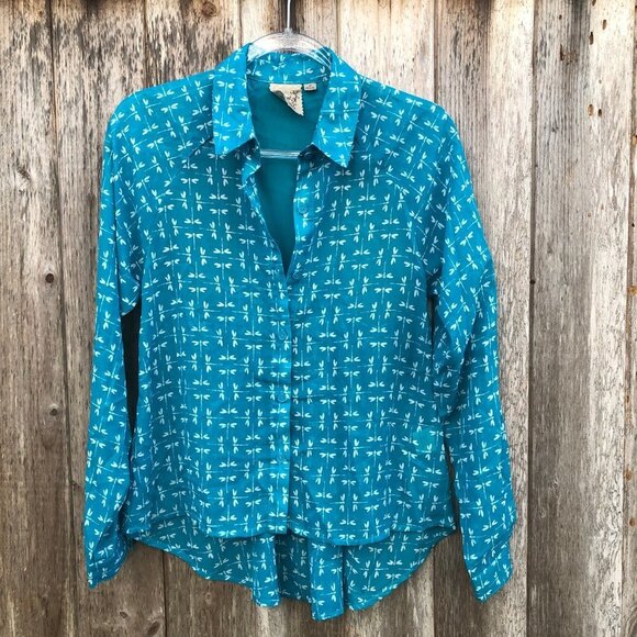 Vintage Pout Dragonfly Open Cutout Back Blue Button Down Blouse Top Medium - Picture 5 of 8